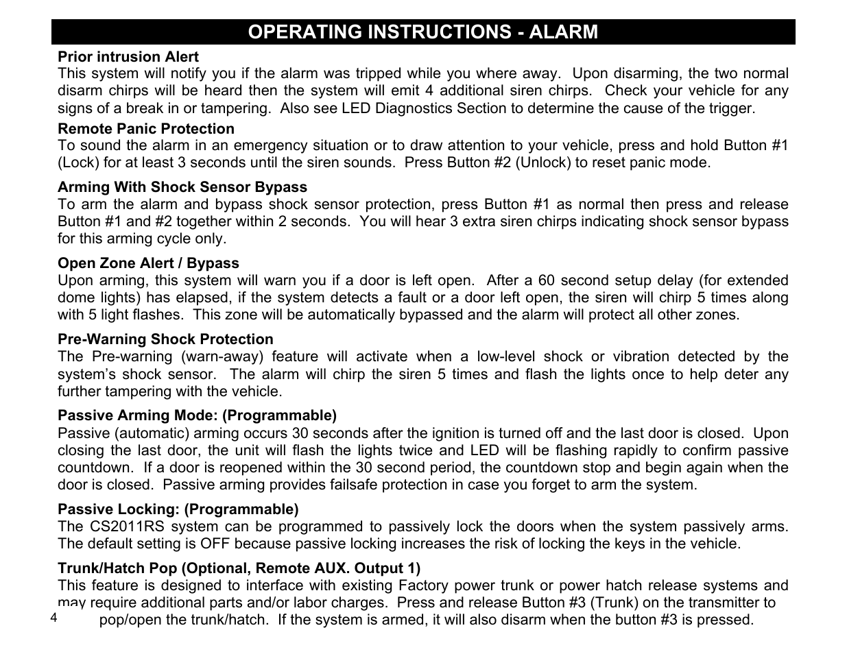 Prior intrusion alert, Remote panic protection, Arming with shock sensor bypass | Open zone alert / bypass, Operating instructions - alarm | Crimestopper Security Products Series IV Super Rage CS-2011RS User Manual | Page 4 / 16
