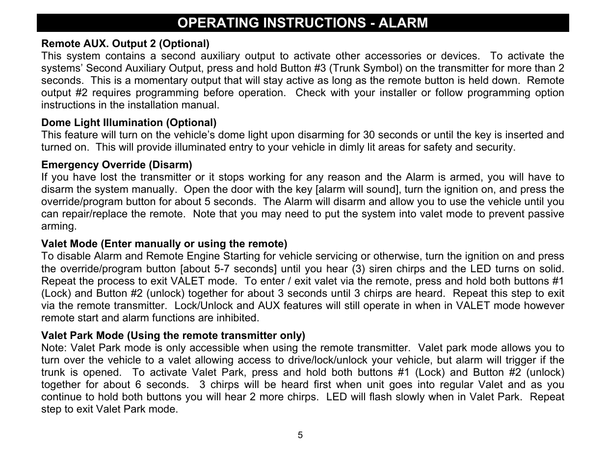 Dome light illumination (optional), Operating instructions - alarm | Crimestopper Security Products Series IV Super Rage CS-2011RS User Manual | Page 5 / 16