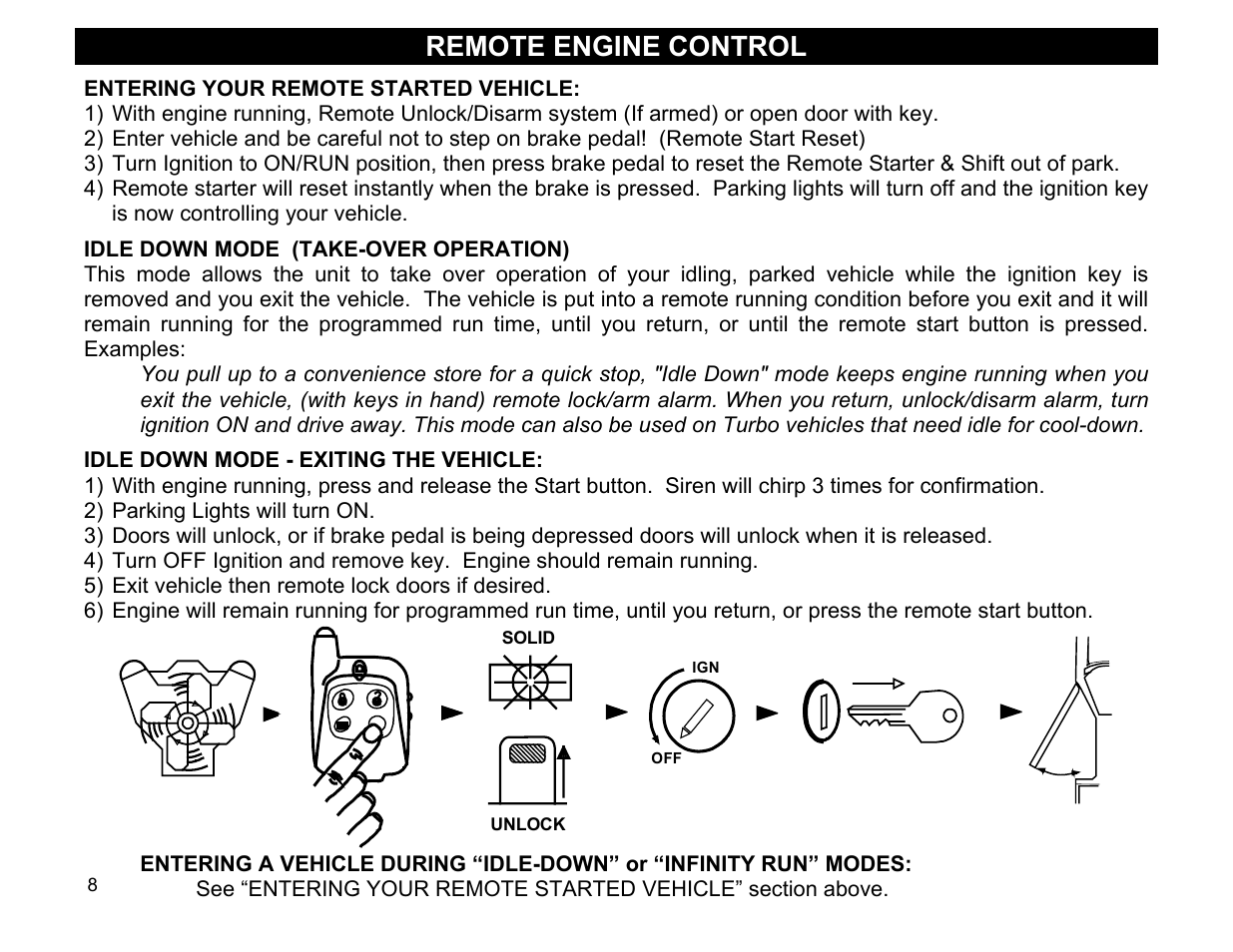 Idle down mode (take-over operation), Idle down mode - exiting the vehicle, Remote engine control | Crimestopper Security Products Series IV Super Rage CS-2011RS User Manual | Page 8 / 16