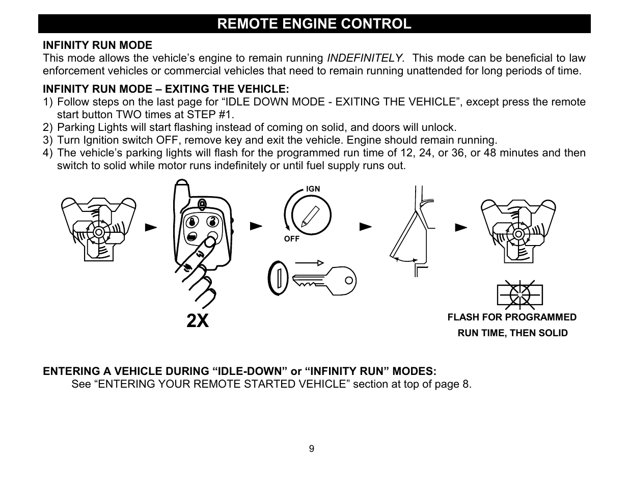 Infinity run mode, Infinity run mode – exiting the vehicle, Remote engine control | Crimestopper Security Products Series IV Super Rage CS-2011RS User Manual | Page 9 / 16