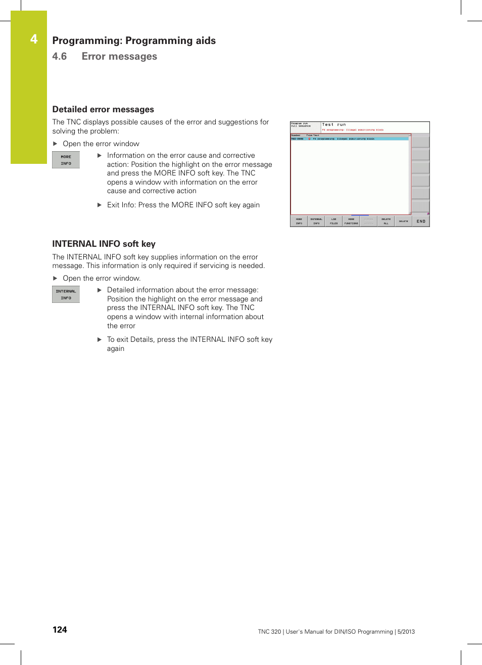 Detailed error messages, Internal info soft key, Programming: programming aids 4.6 error messages | HEIDENHAIN TNC 320 (34055x-06) ISO programming User Manual | Page 124 / 509