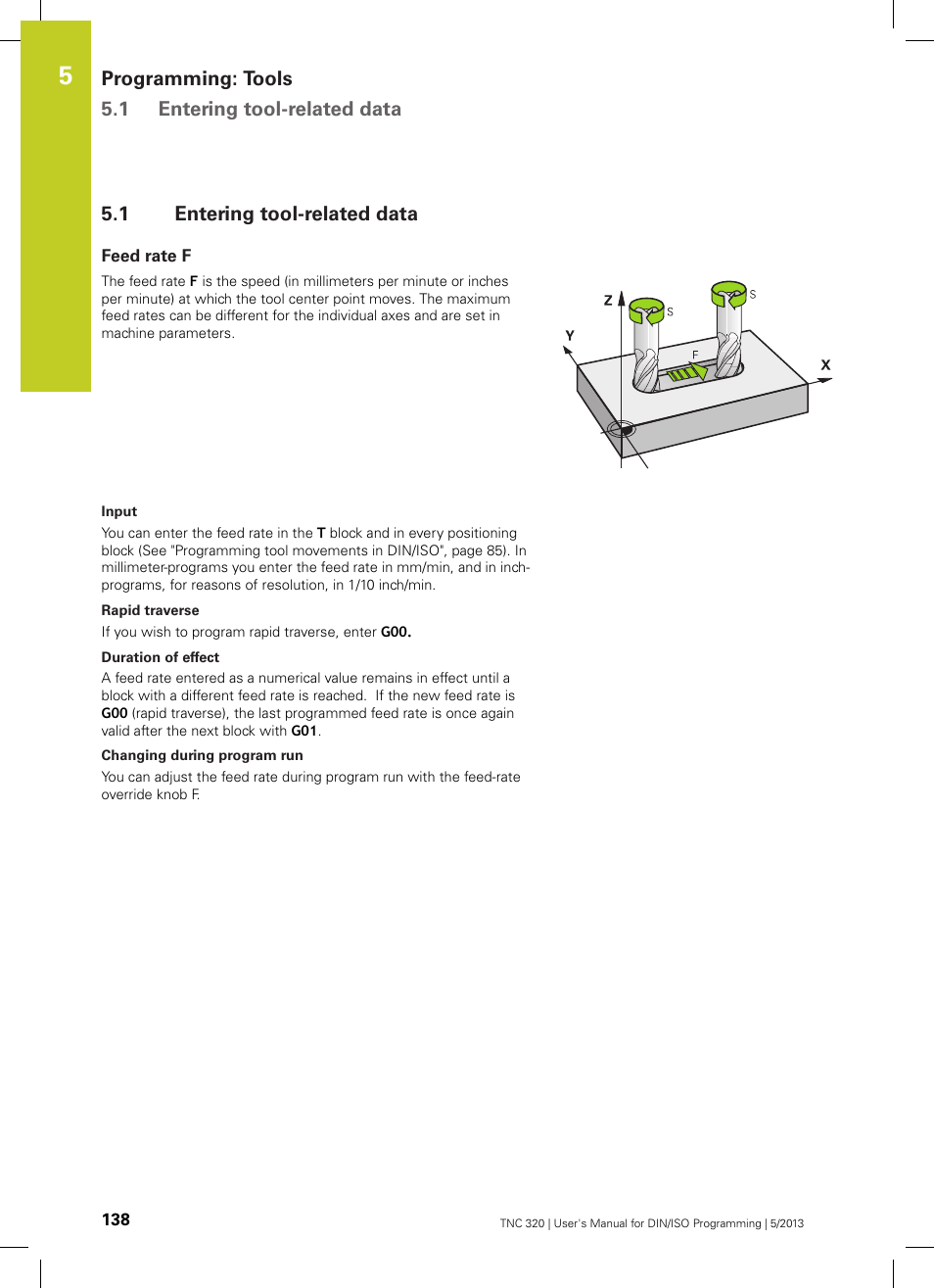 1 entering tool-related data, Feed rate f, Entering tool-related data | Programming: tools 5.1 entering tool-related data | HEIDENHAIN TNC 320 (34055x-06) ISO programming User Manual | Page 138 / 509