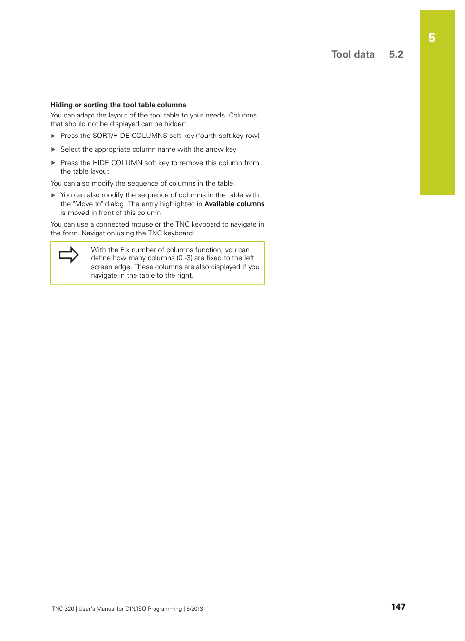 Tool data 5.2 | HEIDENHAIN TNC 320 (34055x-06) ISO programming User Manual | Page 147 / 509