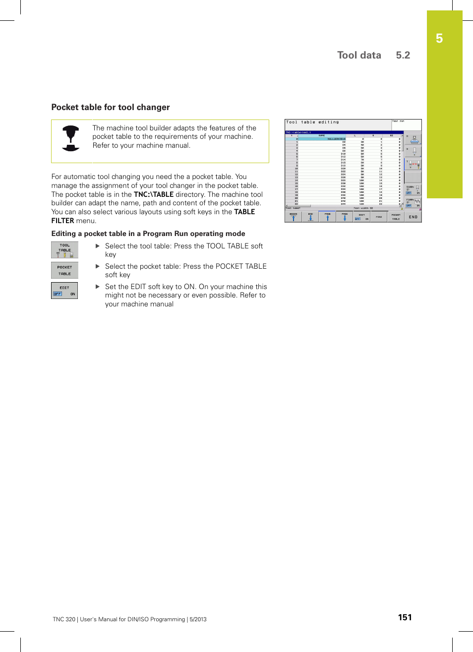 Pocket table for tool changer, Tool data 5.2 | HEIDENHAIN TNC 320 (34055x-06) ISO programming User Manual | Page 151 / 509