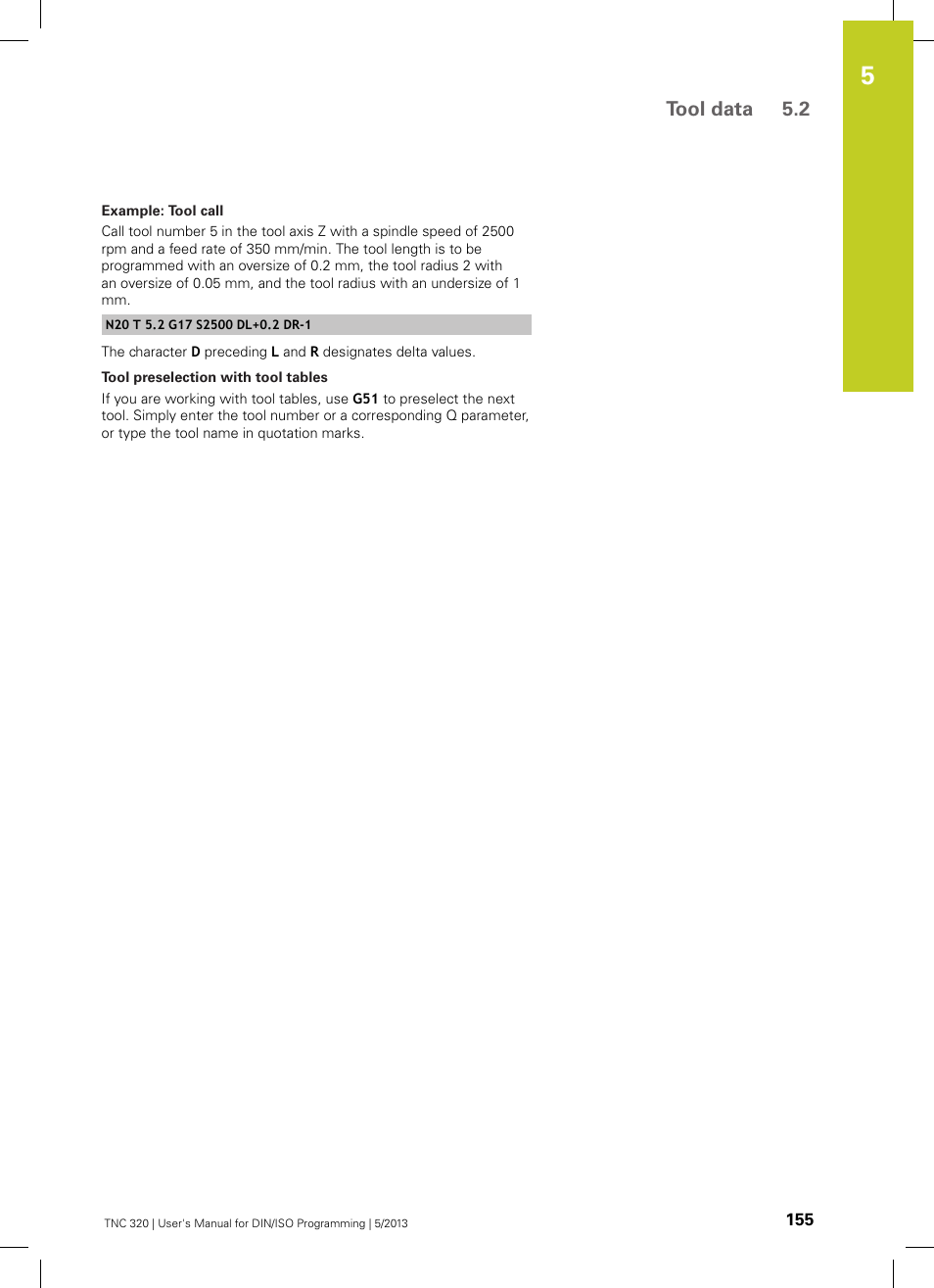 Tool data 5.2 | HEIDENHAIN TNC 320 (34055x-06) ISO programming User Manual | Page 155 / 509