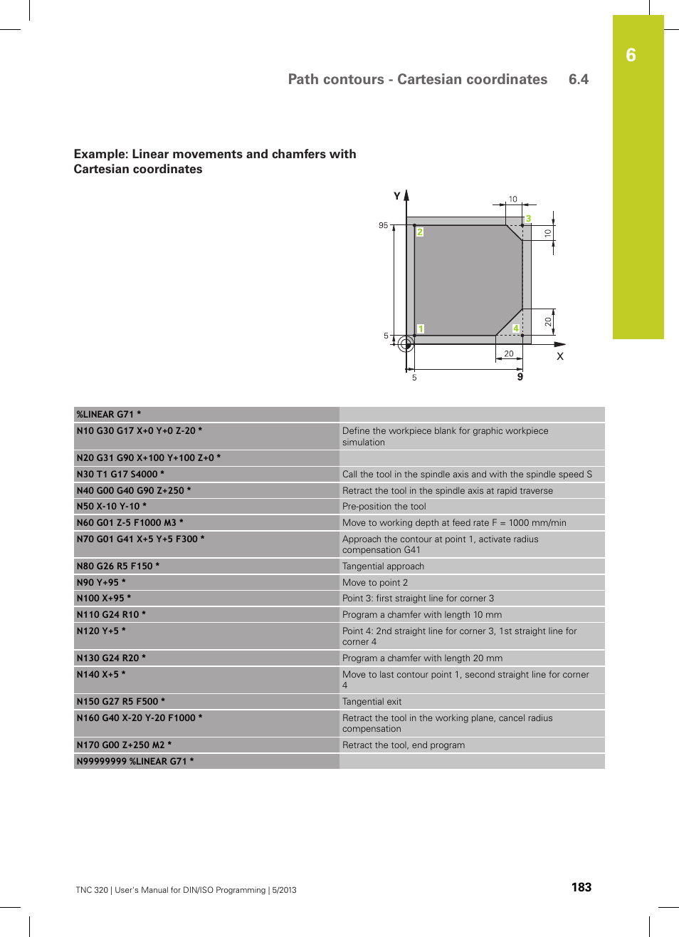 See "example: linear, Path contours - cartesian coordinates 6.4 | HEIDENHAIN TNC 320 (34055x-06) ISO programming User Manual | Page 183 / 509