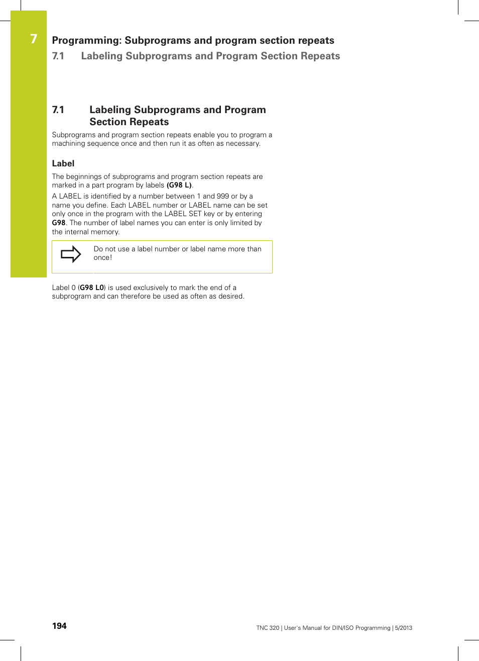 1 labeling subprograms and program section repeats, Label, Labeling subprograms and program section repeats | HEIDENHAIN TNC 320 (34055x-06) ISO programming User Manual | Page 194 / 509