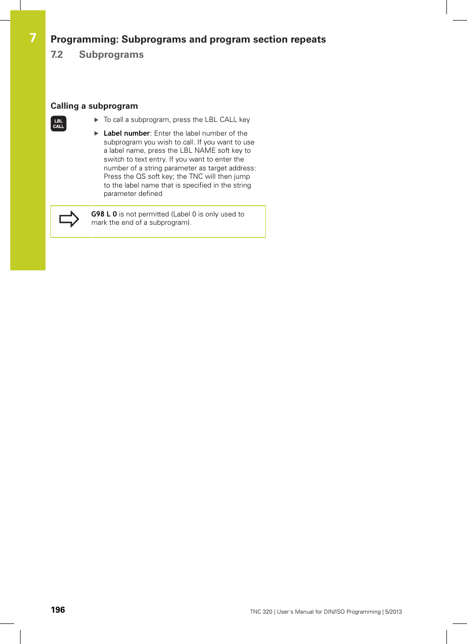 Calling a subprogram | HEIDENHAIN TNC 320 (34055x-06) ISO programming User Manual | Page 196 / 509