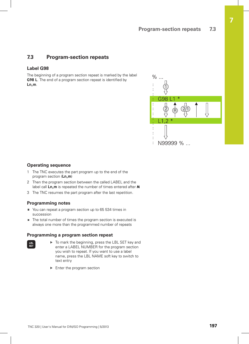 3 program-section repeats, Label g98, Operating sequence | Programming notes, Programming a program section repeat, Program-section repeats | HEIDENHAIN TNC 320 (34055x-06) ISO programming User Manual | Page 197 / 509