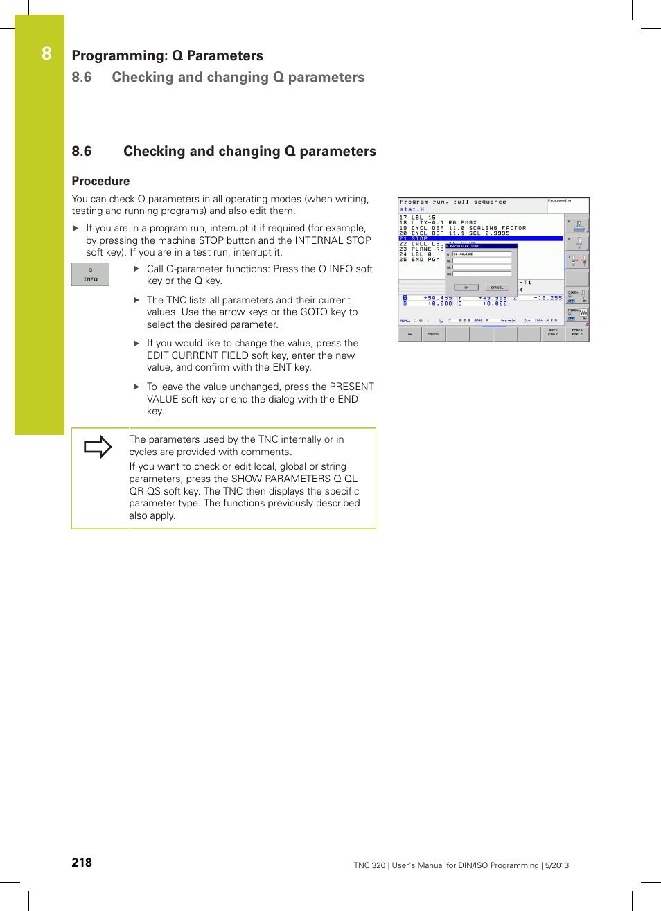 6 checking and changing q parameters, Procedure, Checking and changing q parameters | HEIDENHAIN TNC 320 (34055x-06) ISO programming User Manual | Page 218 / 509