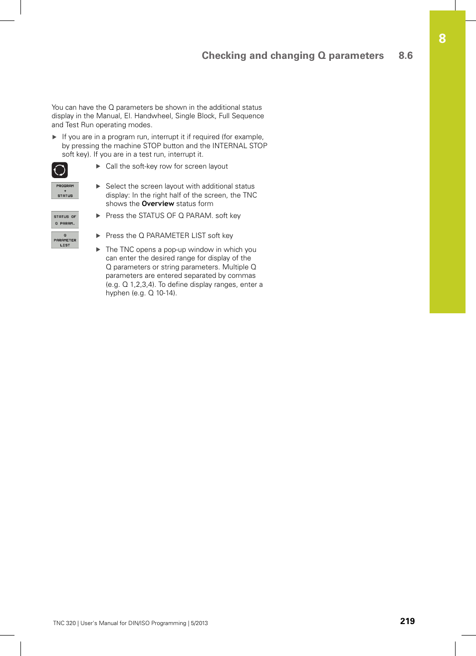 Checking and changing q parameters 8.6 | HEIDENHAIN TNC 320 (34055x-06) ISO programming User Manual | Page 219 / 509