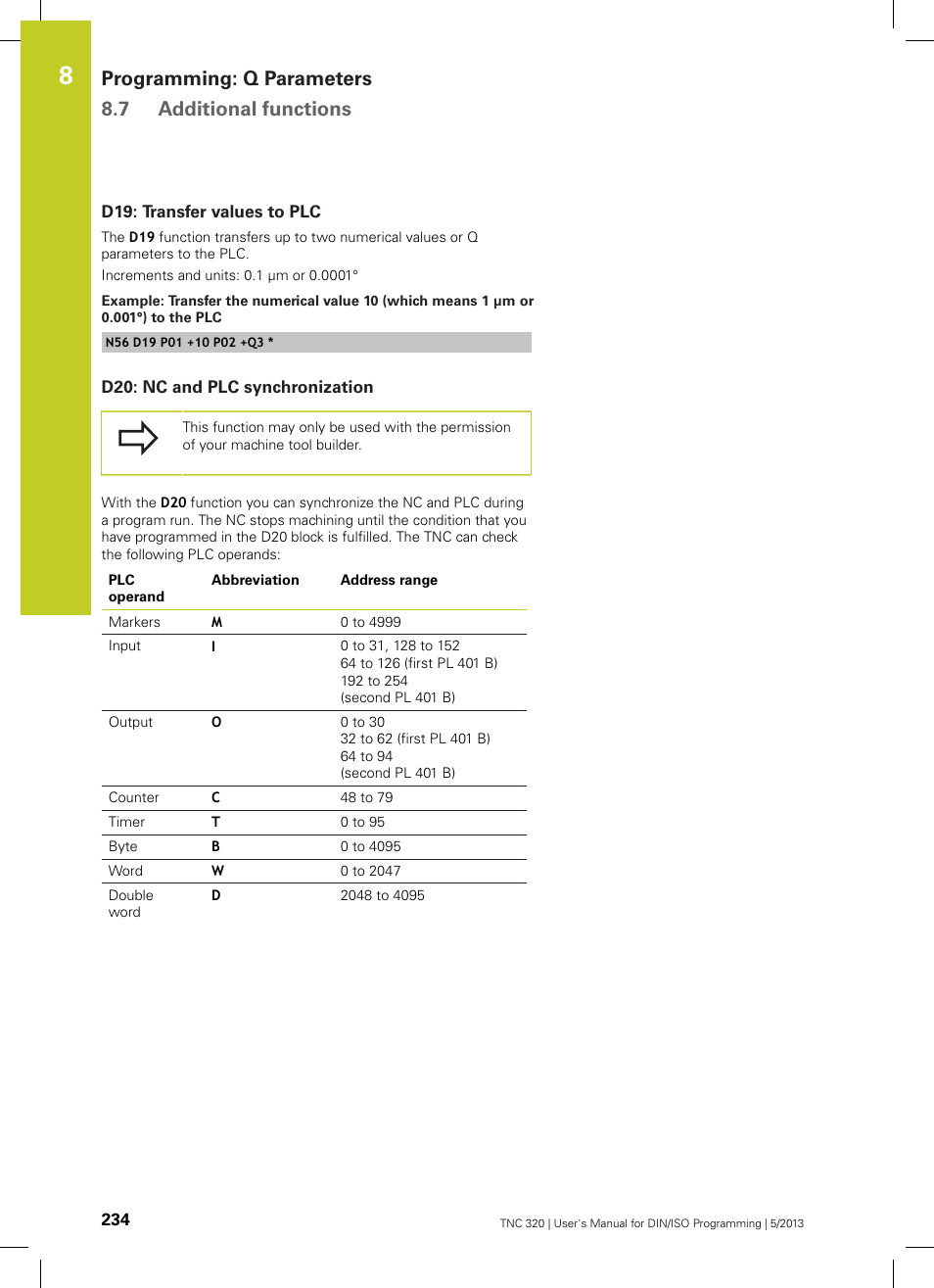 D19: transfer values to plc, D20: nc and plc synchronization, Programming: q parameters 8.7 additional functions | HEIDENHAIN TNC 320 (34055x-06) ISO programming User Manual | Page 234 / 509