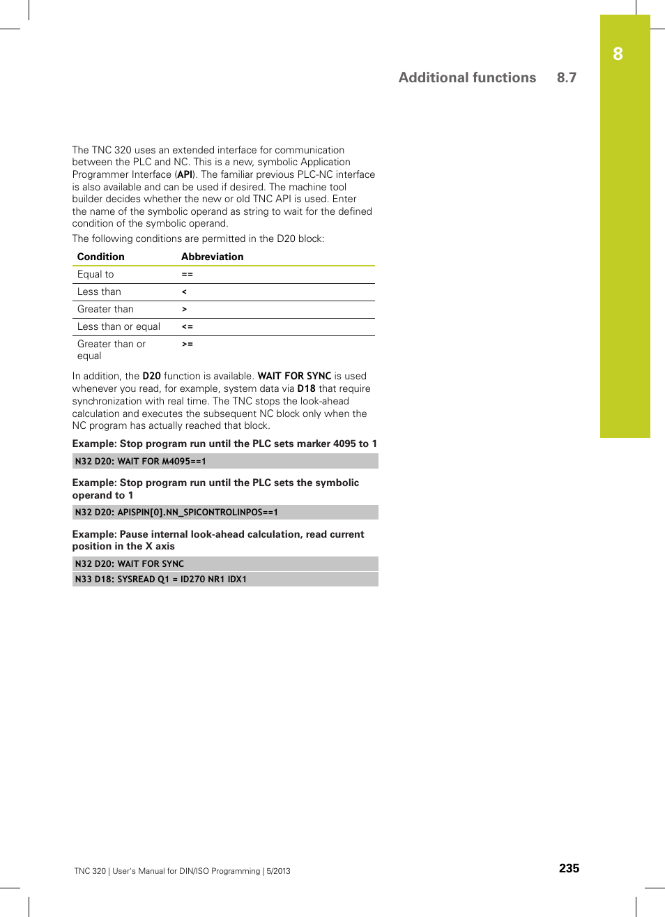 Additional functions 8.7 | HEIDENHAIN TNC 320 (34055x-06) ISO programming User Manual | Page 235 / 509