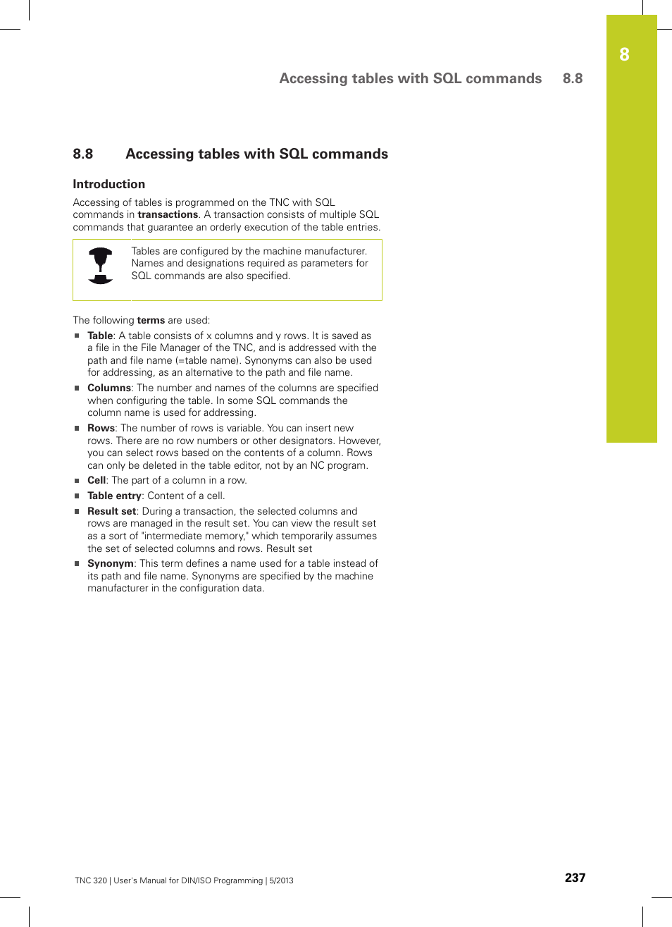8 accessing tables with sql commands, Introduction, Accessing tables with sql commands | Accessing tables with sql commands 8.8 | HEIDENHAIN TNC 320 (34055x-06) ISO programming User Manual | Page 237 / 509