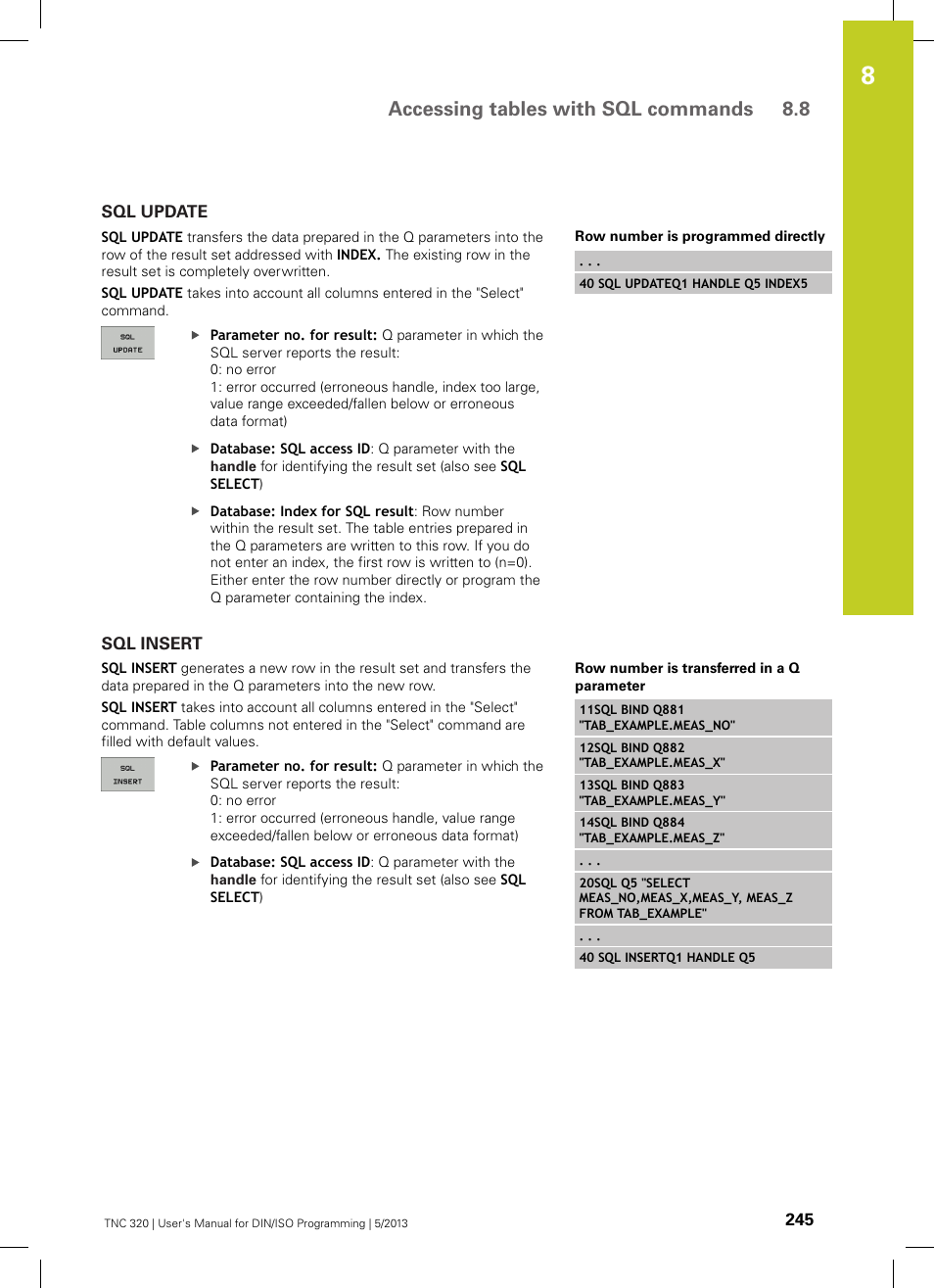 Sql update, Sql insert, Accessing tables with sql commands 8.8 | HEIDENHAIN TNC 320 (34055x-06) ISO programming User Manual | Page 245 / 509