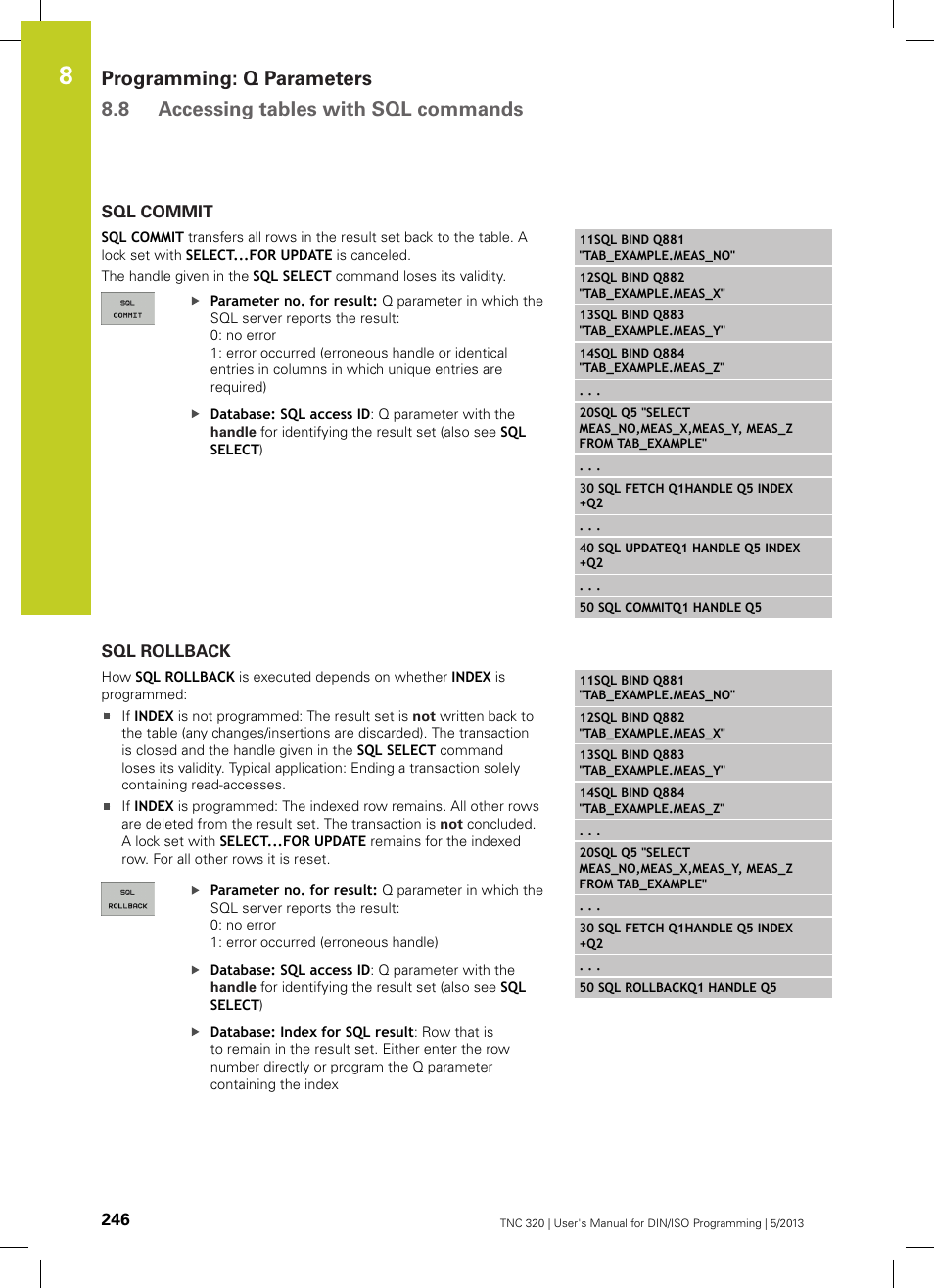 Sql commit, Sql rollback | HEIDENHAIN TNC 320 (34055x-06) ISO programming User Manual | Page 246 / 509