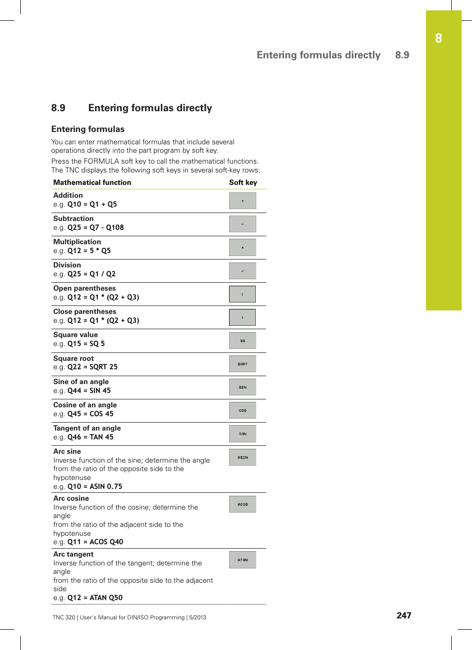 9 entering formulas directly, Entering formulas, Entering formulas directly | Entering formulas directly 8.9 | HEIDENHAIN TNC 320 (34055x-06) ISO programming User Manual | Page 247 / 509