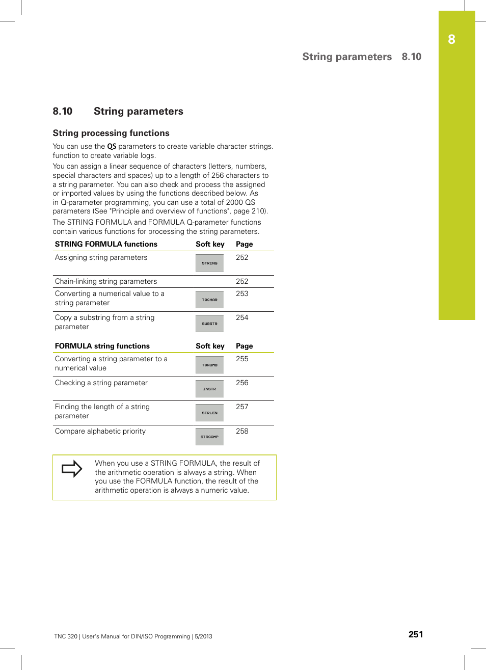 10 string parameters, String processing functions, String parameters | String parameters 8.10 | HEIDENHAIN TNC 320 (34055x-06) ISO programming User Manual | Page 251 / 509
