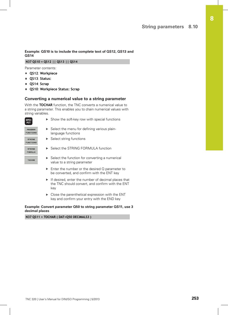 Converting a numerical value to a string parameter, String parameters 8.10 | HEIDENHAIN TNC 320 (34055x-06) ISO programming User Manual | Page 253 / 509