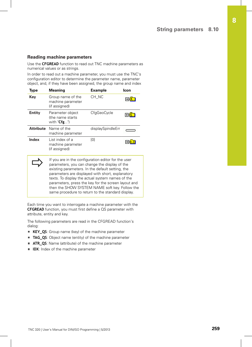 Reading machine parameters, String parameters 8.10 | HEIDENHAIN TNC 320 (34055x-06) ISO programming User Manual | Page 259 / 509