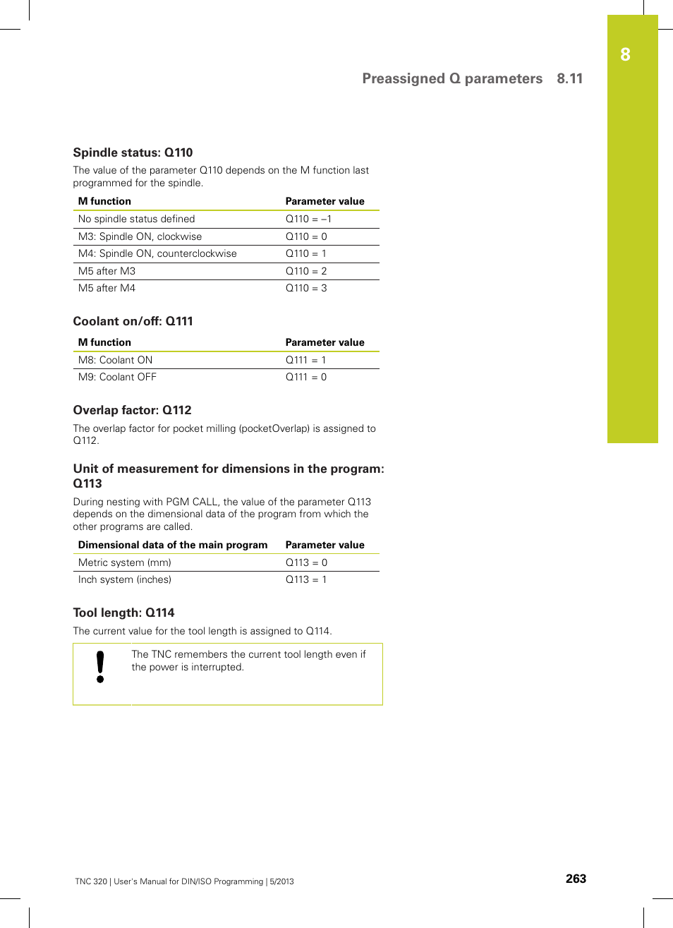 Spindle status: q110, Coolant on/off: q111, Overlap factor: q112 | Tool length: q114, Preassigned q parameters 8.11 | HEIDENHAIN TNC 320 (34055x-06) ISO programming User Manual | Page 263 / 509