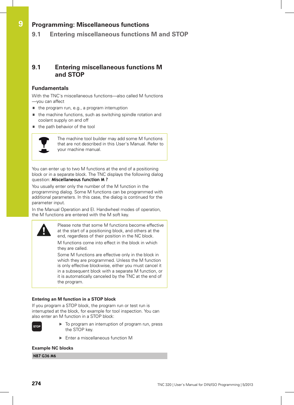 1 entering miscellaneous functions m and stop, Fundamentals, Entering miscellaneous functions m and stop | HEIDENHAIN TNC 320 (34055x-06) ISO programming User Manual | Page 274 / 509