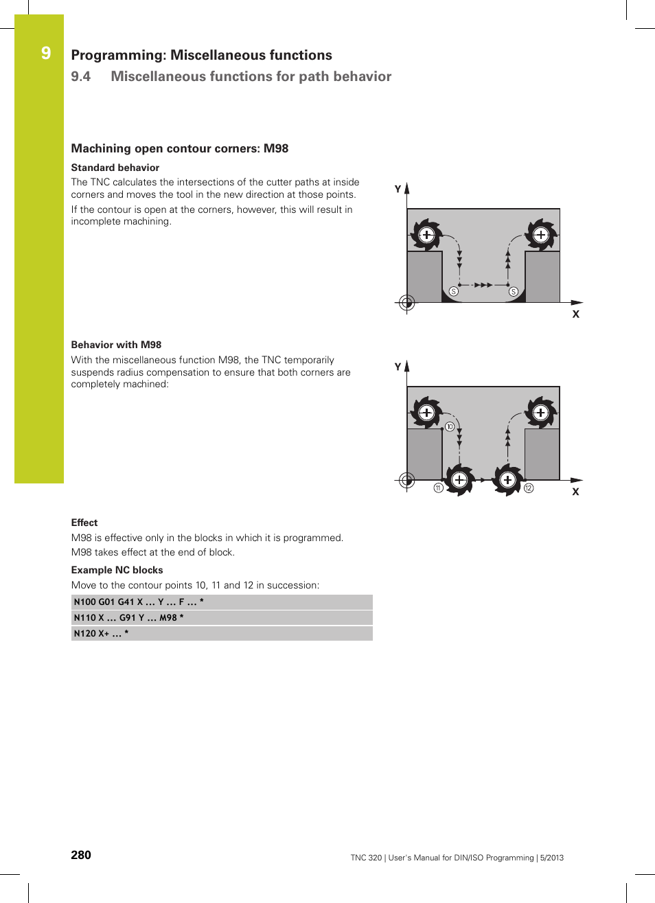 Machining open contour corners: m98 | HEIDENHAIN TNC 320 (34055x-06) ISO programming User Manual | Page 280 / 509