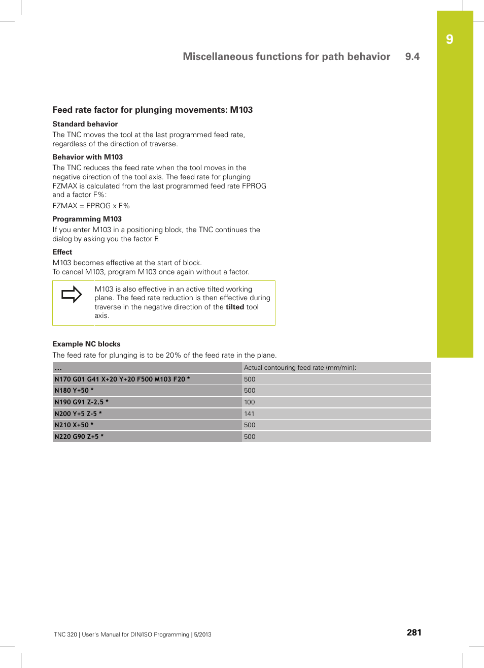 Feed rate factor for plunging movements: m103, Miscellaneous functions for path behavior 9.4 | HEIDENHAIN TNC 320 (34055x-06) ISO programming User Manual | Page 281 / 509