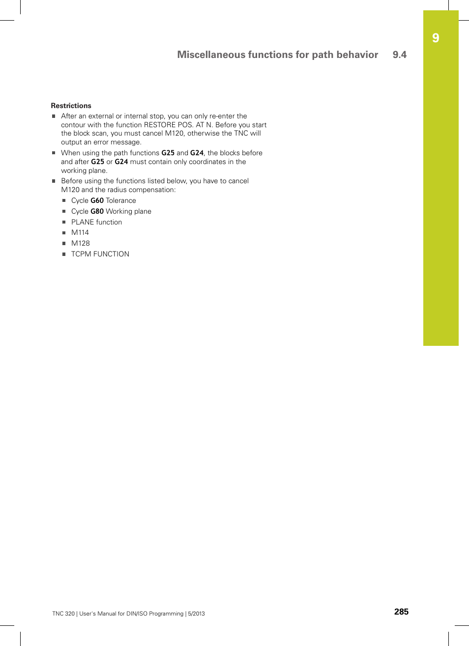 Miscellaneous functions for path behavior 9.4 | HEIDENHAIN TNC 320 (34055x-06) ISO programming User Manual | Page 285 / 509