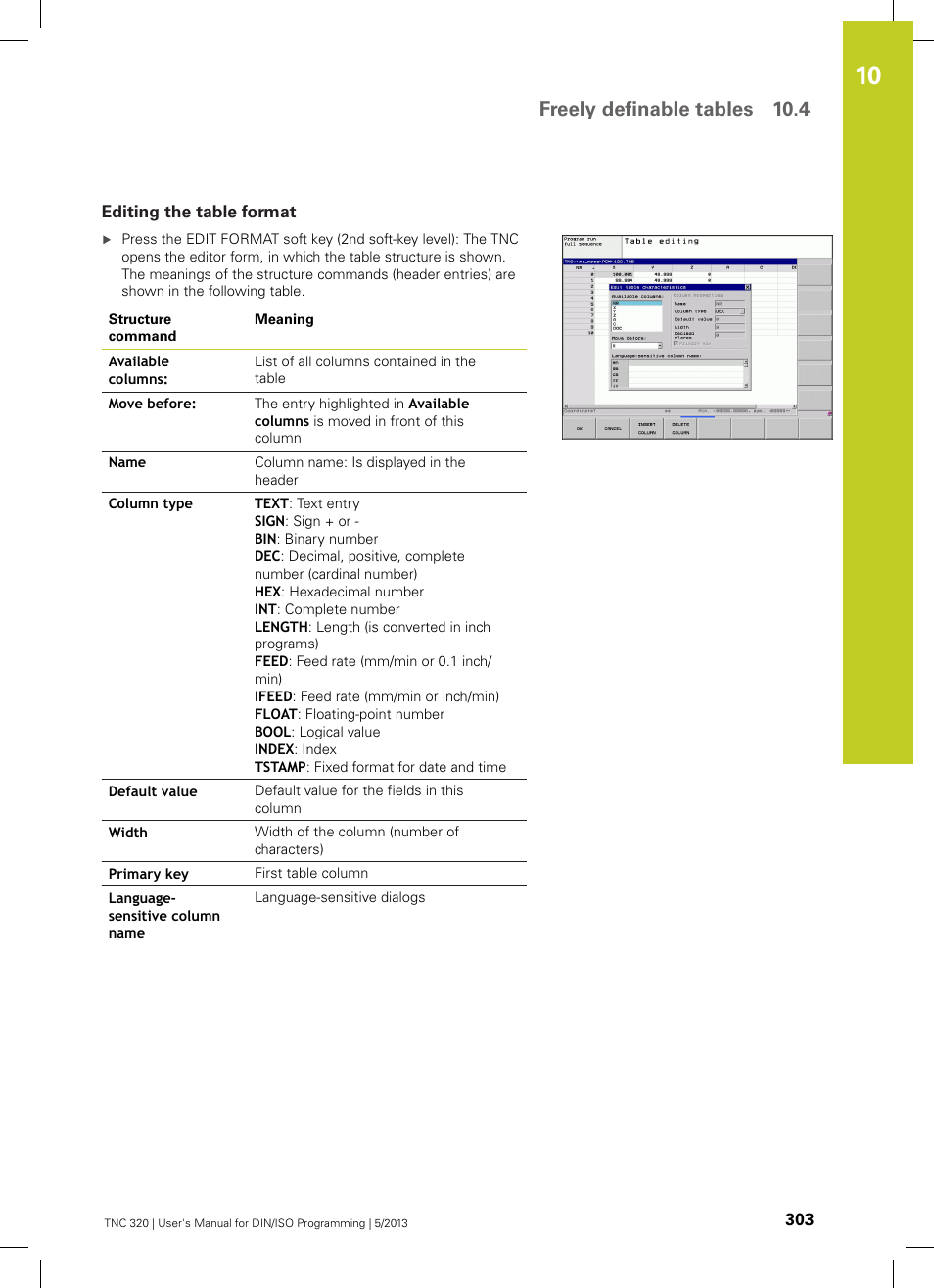 Editing the table format, Freely definable tables 10.4 | HEIDENHAIN TNC 320 (34055x-06) ISO programming User Manual | Page 303 / 509