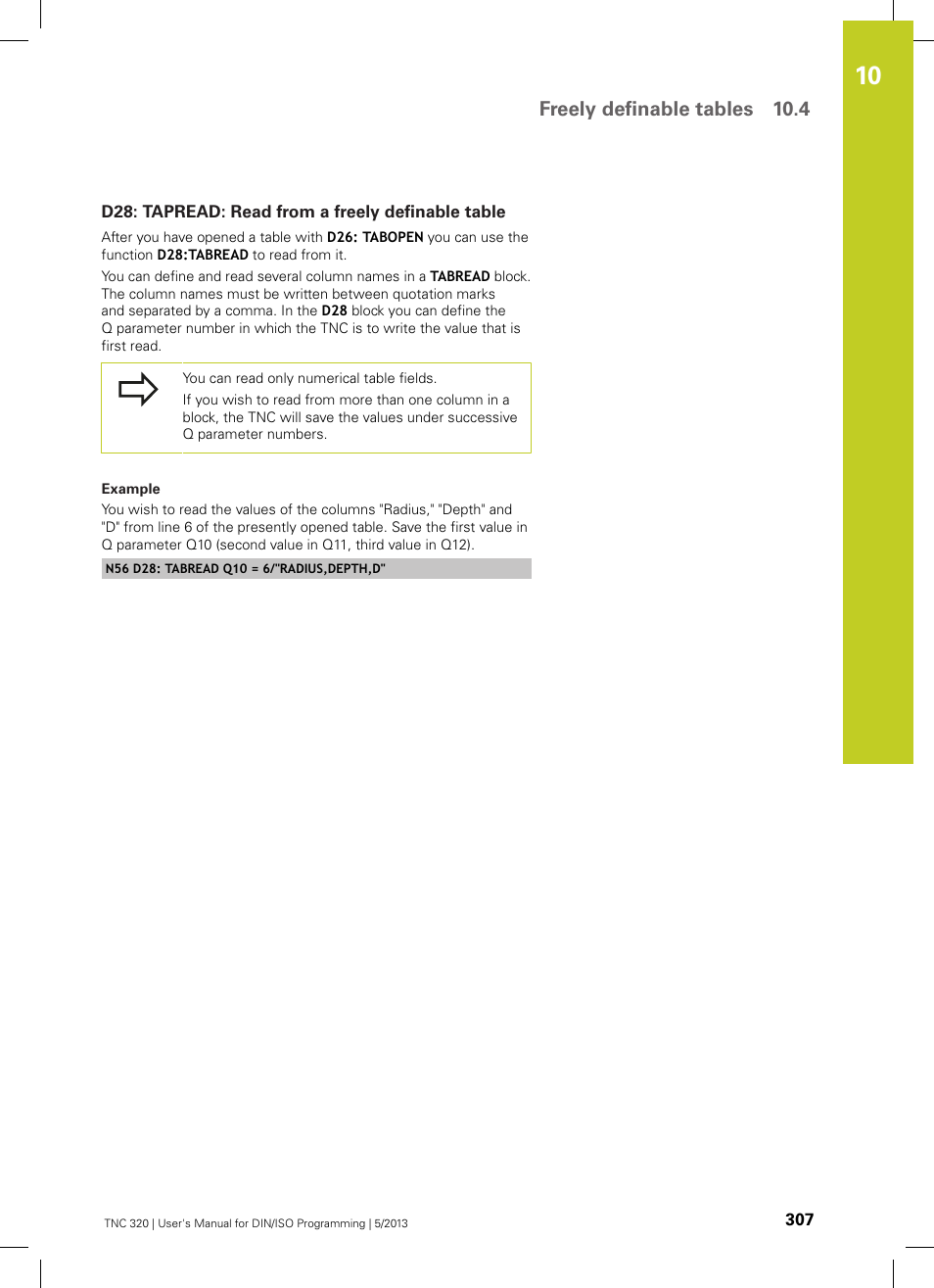 D28: tapread: read from a freely definable table, Freely definable tables 10.4 | HEIDENHAIN TNC 320 (34055x-06) ISO programming User Manual | Page 307 / 509