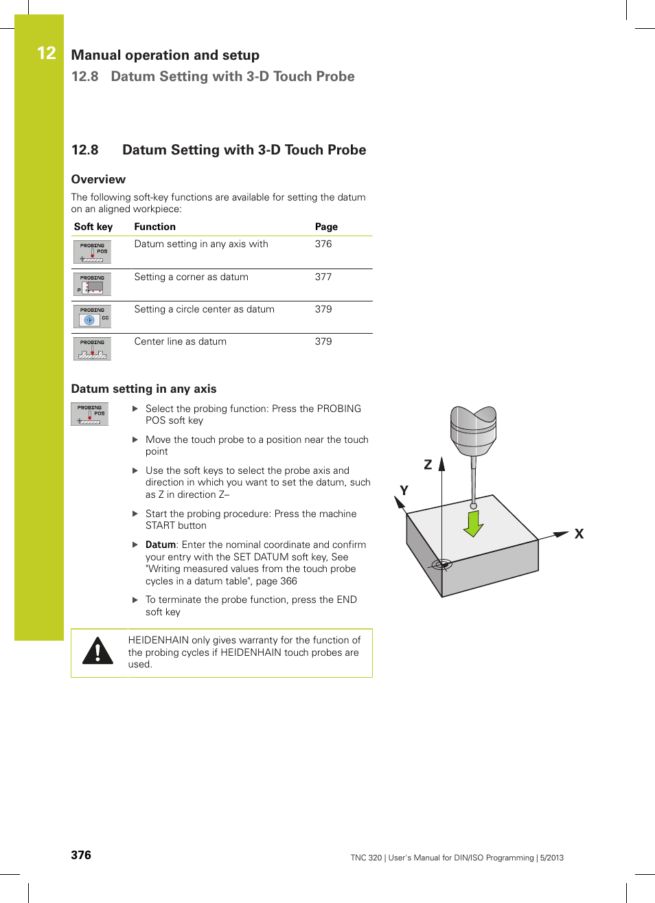 8 datum setting with 3-d touch probe, Overview, Datum setting in any axis | Datum setting with 3-d touch probe | HEIDENHAIN TNC 320 (34055x-06) ISO programming User Manual | Page 376 / 509