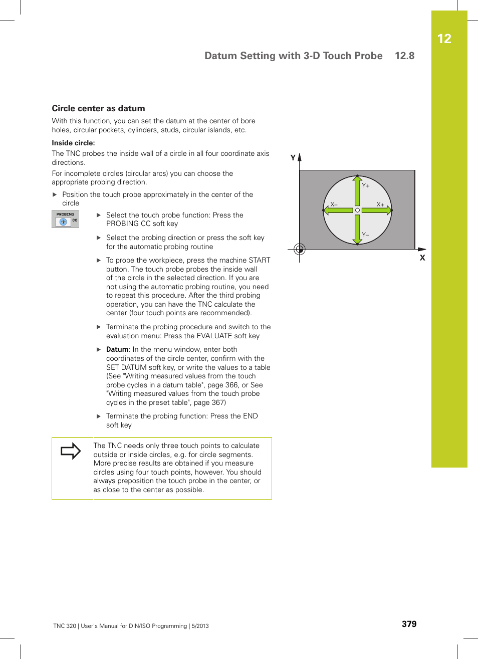 Circle center as datum, Datum setting with 3-d touch probe 12.8 | HEIDENHAIN TNC 320 (34055x-06) ISO programming User Manual | Page 379 / 509