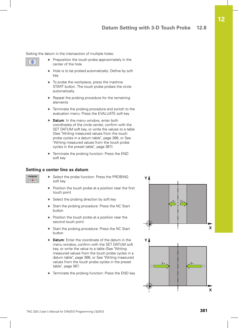 Setting a center line as datum, Datum setting with 3-d touch probe 12.8 | HEIDENHAIN TNC 320 (34055x-06) ISO programming User Manual | Page 381 / 509