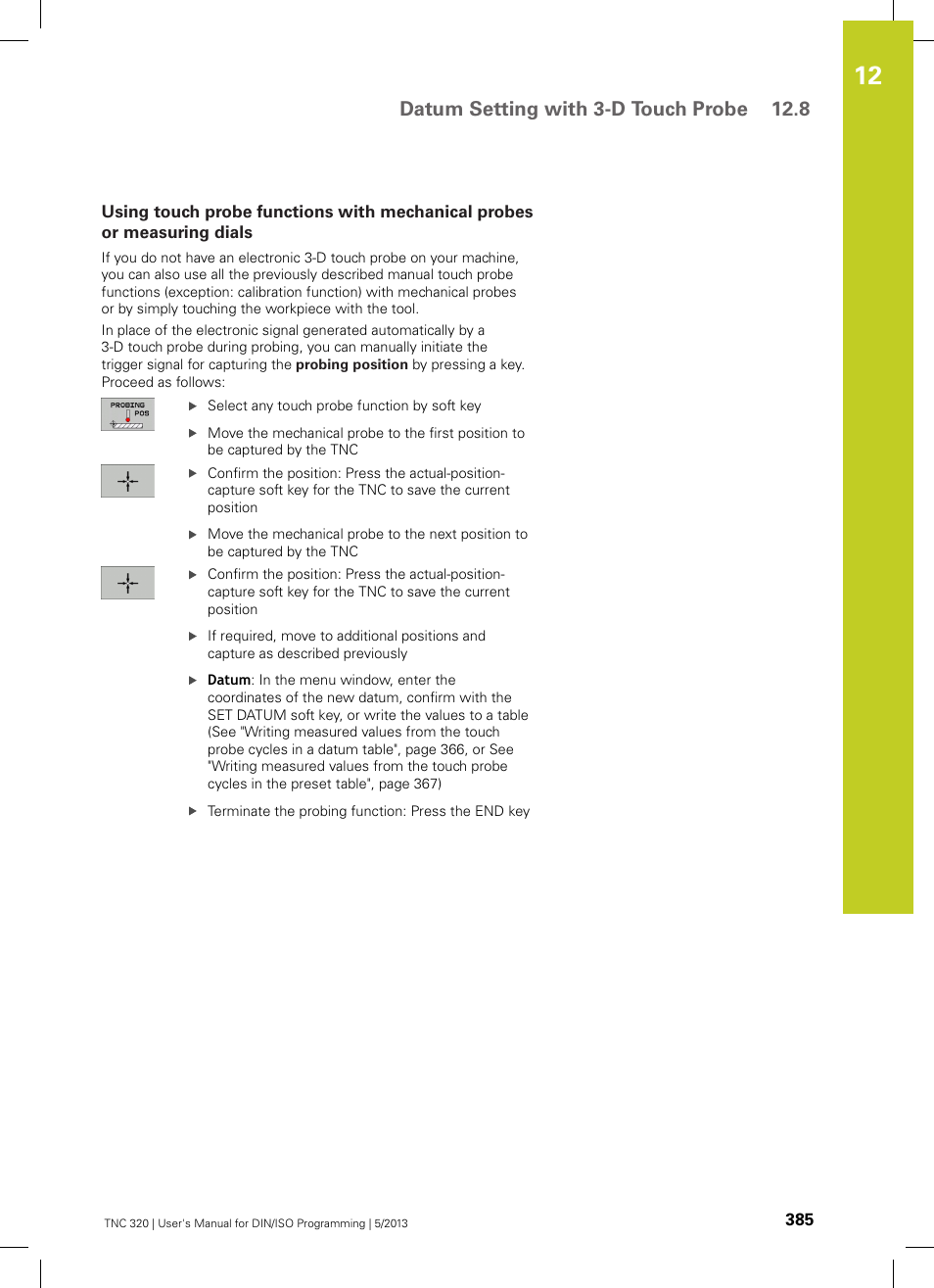 Datum setting with 3-d touch probe 12.8 | HEIDENHAIN TNC 320 (34055x-06) ISO programming User Manual | Page 385 / 509
