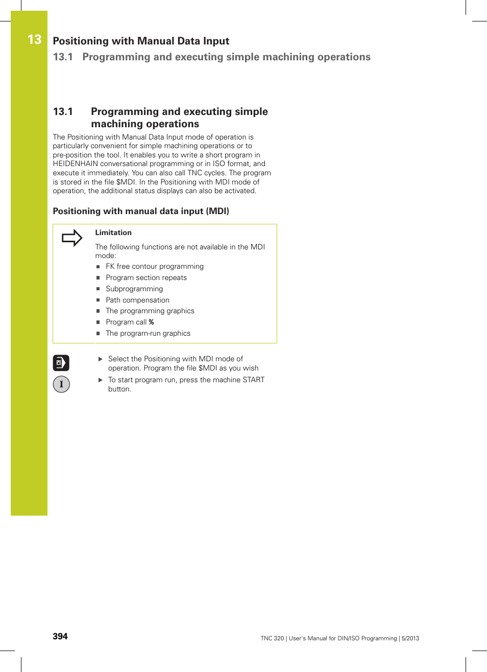 Positioning with manual data input (mdi) | HEIDENHAIN TNC 320 (34055x-06) ISO programming User Manual | Page 394 / 509