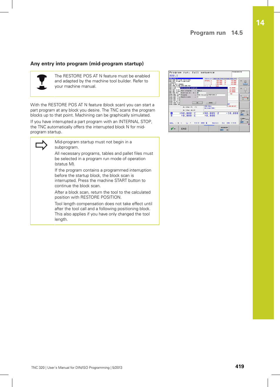 Any entry into program (mid-program startup), Program run 14.5 | HEIDENHAIN TNC 320 (34055x-06) ISO programming User Manual | Page 419 / 509