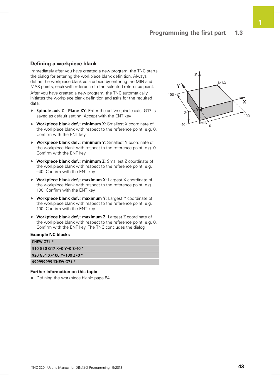 Defining a workpiece blank, Programming the first part 1.3 | HEIDENHAIN TNC 320 (34055x-06) ISO programming User Manual | Page 43 / 509