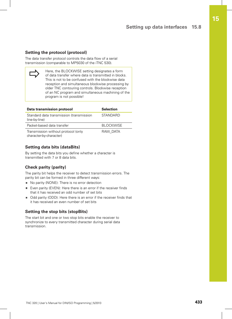 Setting the protocol (protocol), Setting data bits (databits), Check parity (parity) | Setting the stop bits (stopbits), Setting up data interfaces 15.8 | HEIDENHAIN TNC 320 (34055x-06) ISO programming User Manual | Page 433 / 509