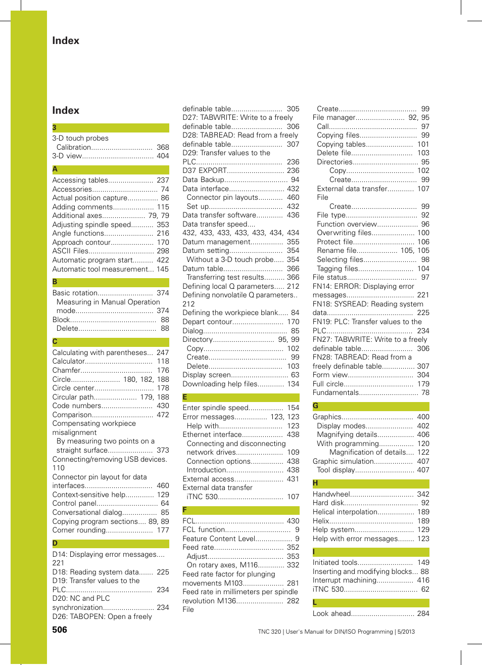Index | HEIDENHAIN TNC 320 (34055x-06) ISO programming User Manual | Page 506 / 509