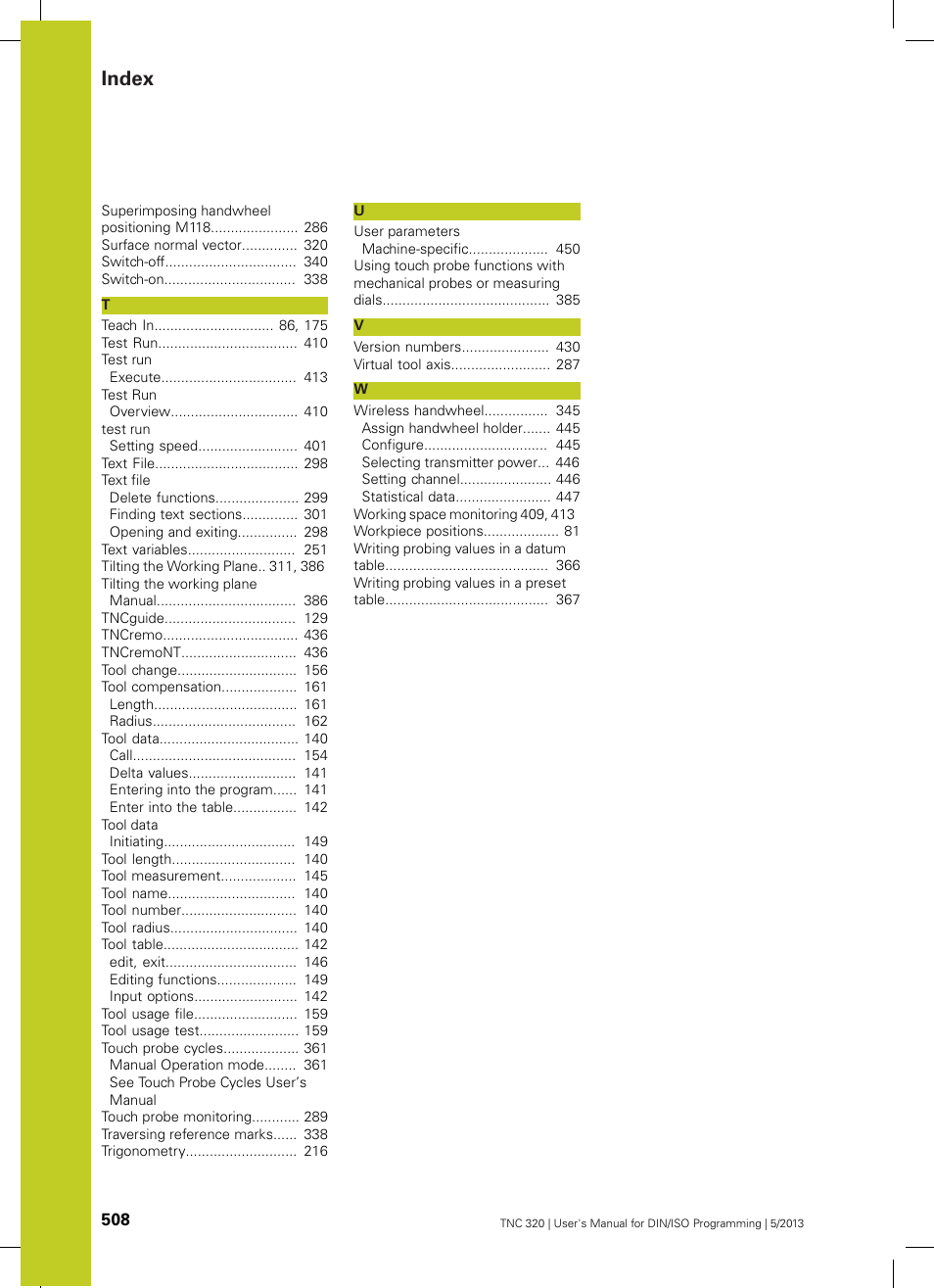 Index | HEIDENHAIN TNC 320 (34055x-06) ISO programming User Manual | Page 508 / 509