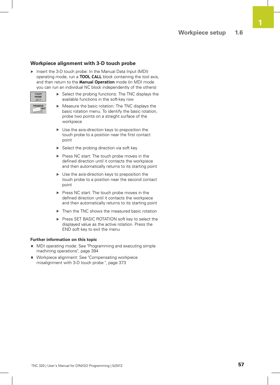 Workpiece alignment with 3-d touch probe, Workpiece setup 1.6 | HEIDENHAIN TNC 320 (34055x-06) ISO programming User Manual | Page 57 / 509