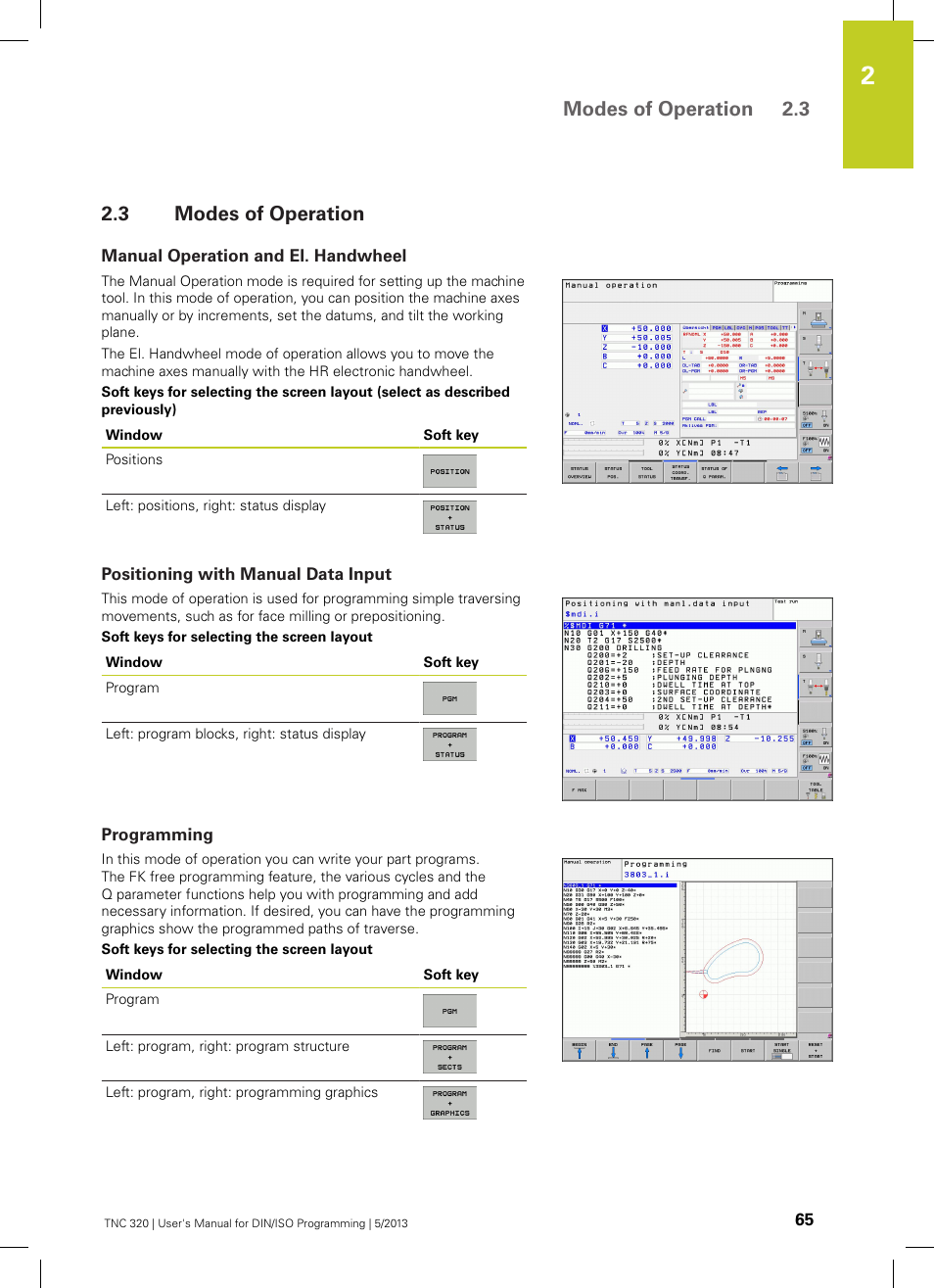3 modes of operation, Manual operation and el. handwheel, Positioning with manual data input | Programming, Modes of operation, Modes of operation 2.3 | HEIDENHAIN TNC 320 (34055x-06) ISO programming User Manual | Page 65 / 509