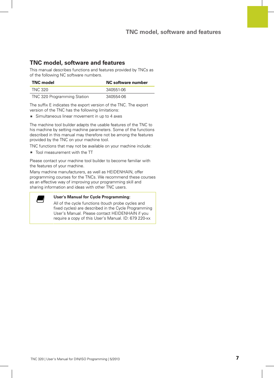 Tnc model, software and features | HEIDENHAIN TNC 320 (34055x-06) ISO programming User Manual | Page 7 / 509