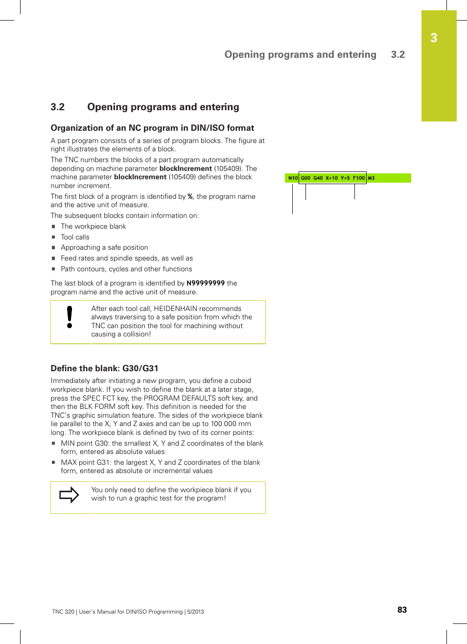 2 opening programs and entering, Organization of an nc program in din/iso format, Define the blank: g30/g31 | Opening programs and entering, Opening programs and entering 3.2 | HEIDENHAIN TNC 320 (34055x-06) ISO programming User Manual | Page 83 / 509