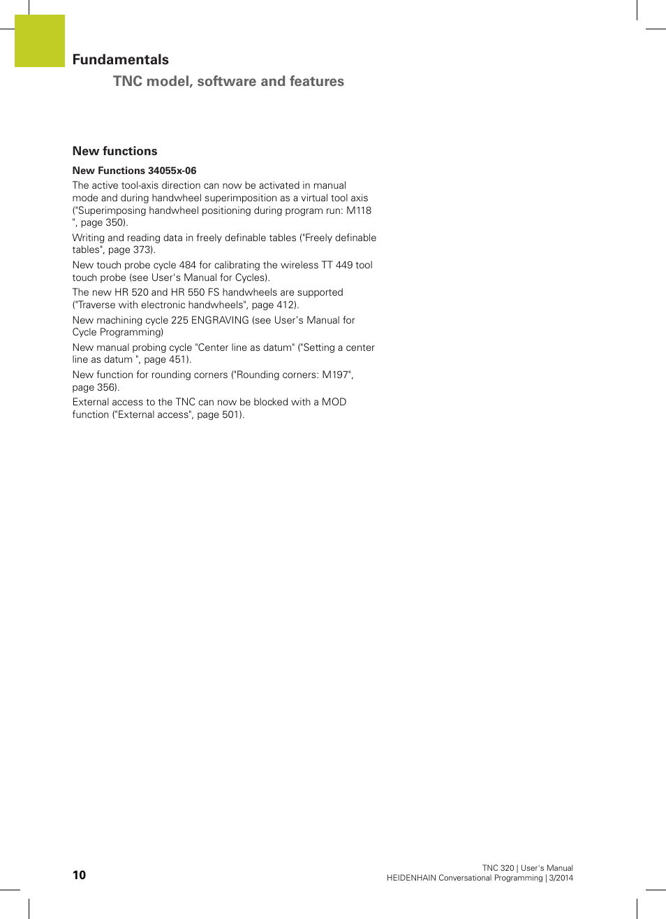 New functions, Fundamentals tnc model, software and features | HEIDENHAIN TNC 320 (77185x-01) User Manual | Page 10 / 581
