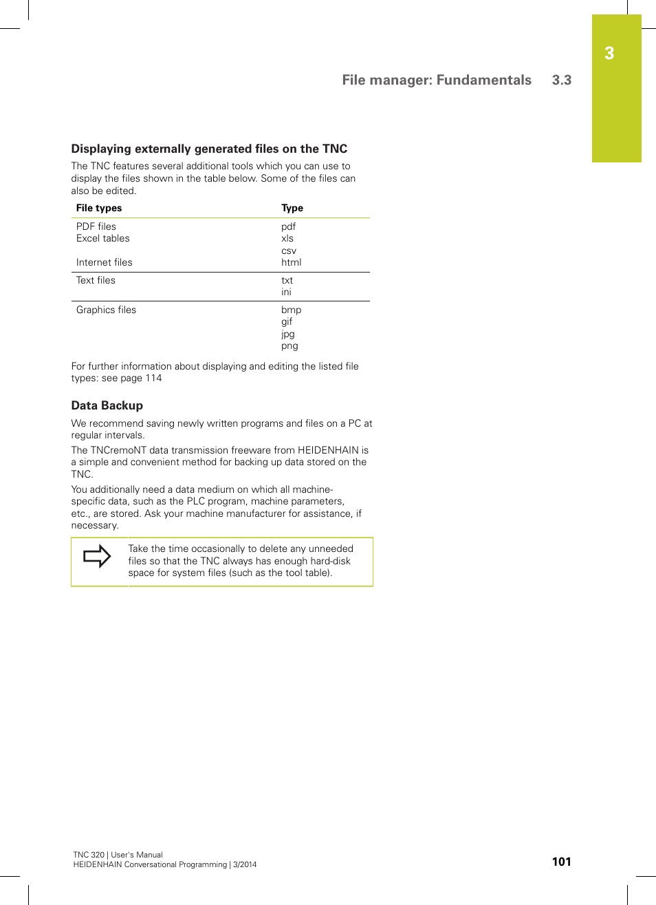 Displaying externally generated files on the tnc, Data backup, File manager: fundamentals 3.3 | HEIDENHAIN TNC 320 (77185x-01) User Manual | Page 101 / 581