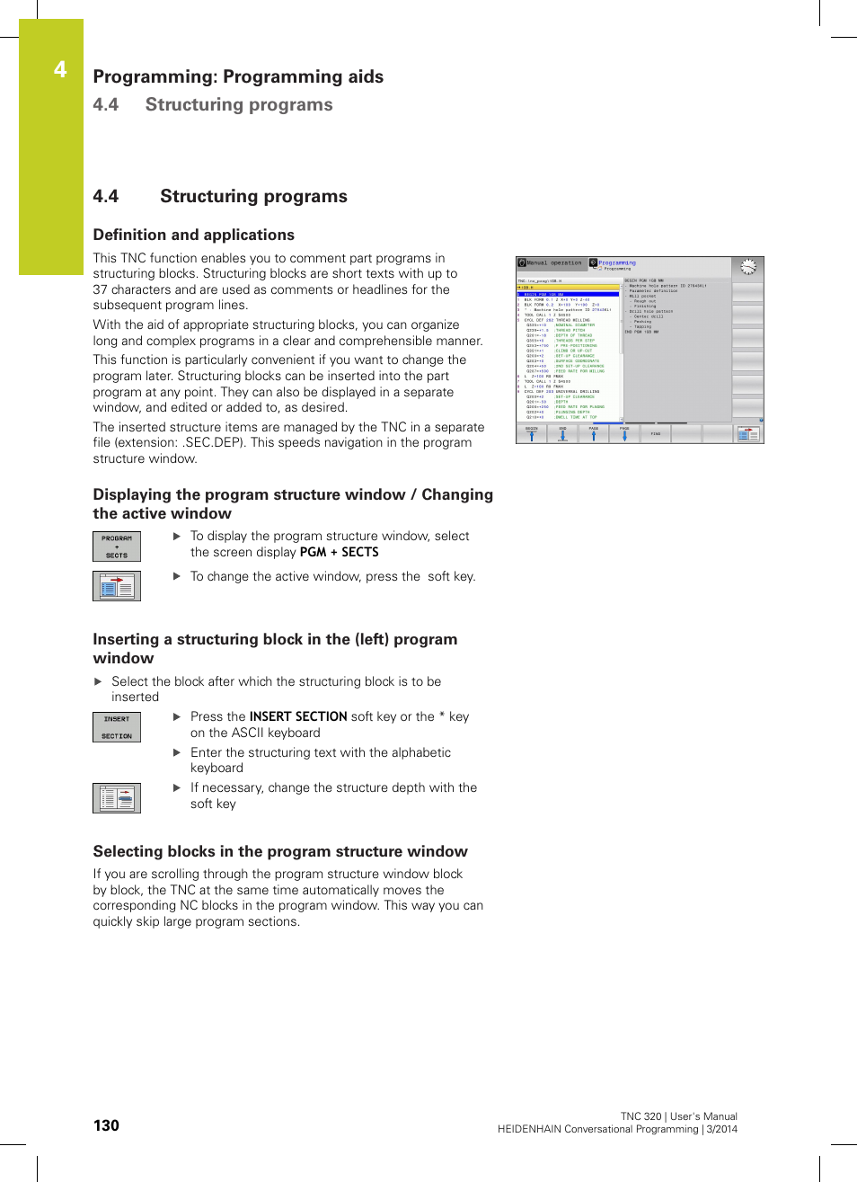 4 structuring programs, Definition and applications, Selecting blocks in the program structure window | Structuring programs | HEIDENHAIN TNC 320 (77185x-01) User Manual | Page 130 / 581