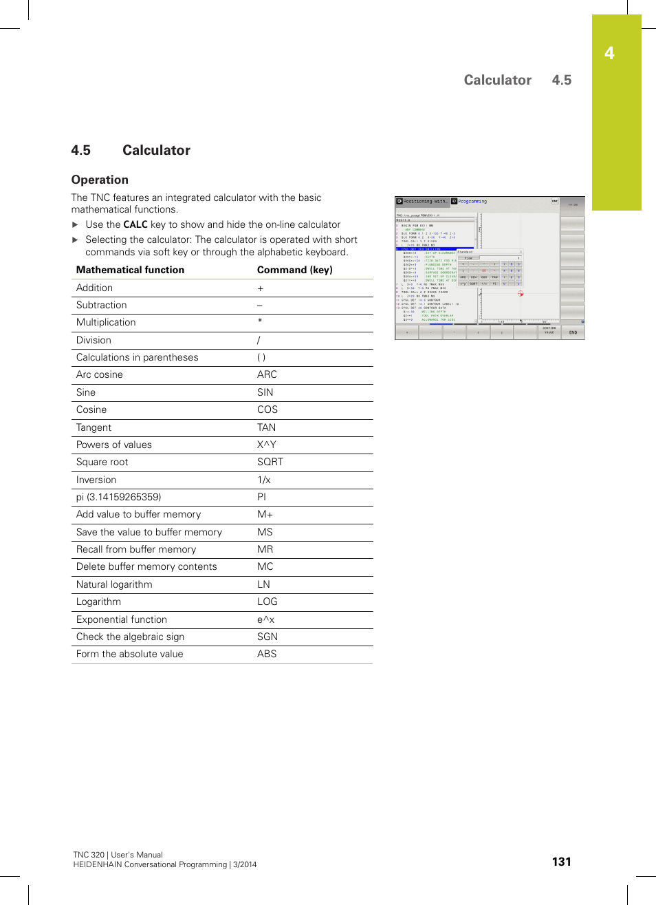 5 calculator, Operation, Calculator | Calculator 4.5 | HEIDENHAIN TNC 320 (77185x-01) User Manual | Page 131 / 581