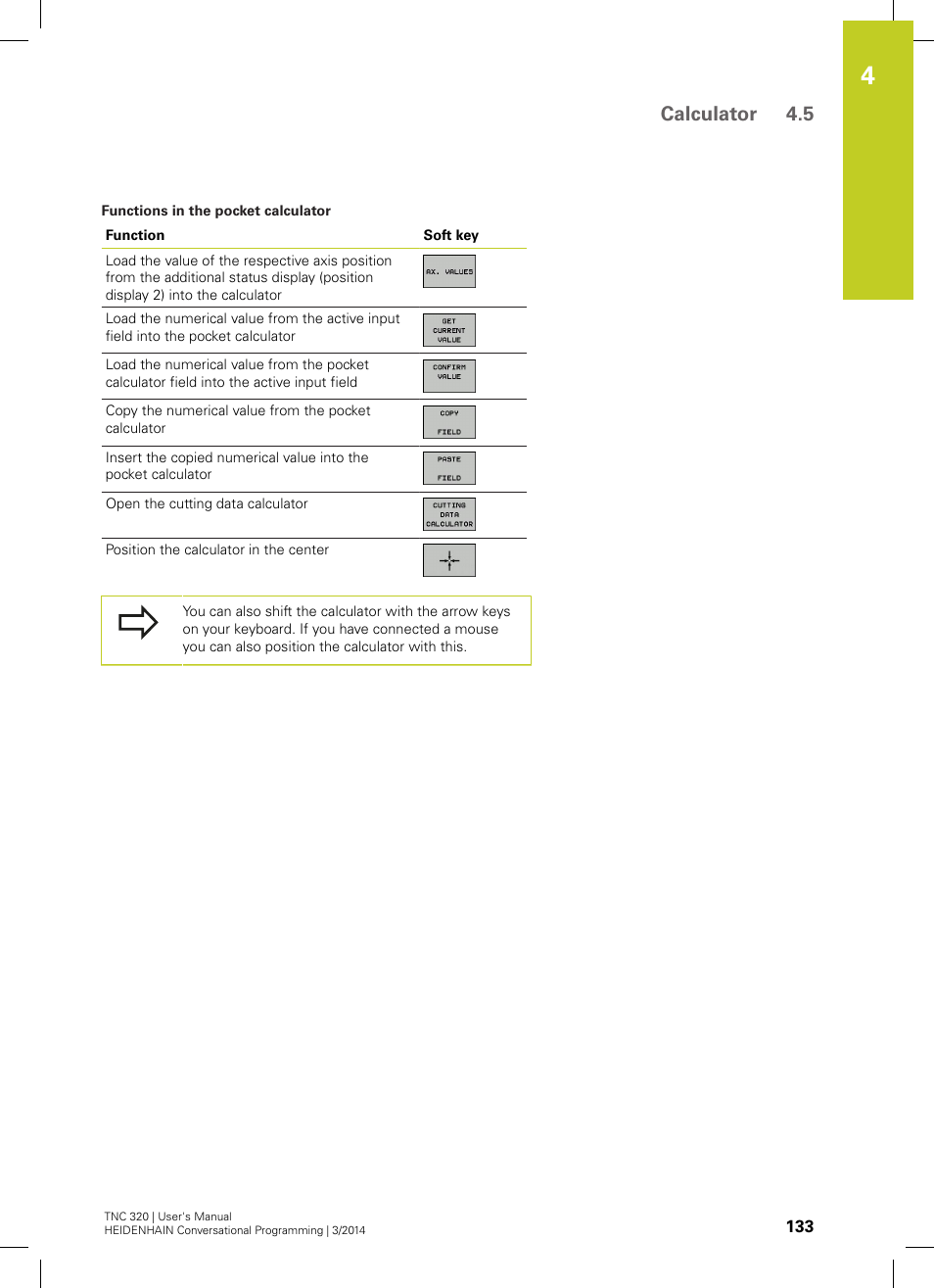 Calculator 4.5 | HEIDENHAIN TNC 320 (77185x-01) User Manual | Page 133 / 581